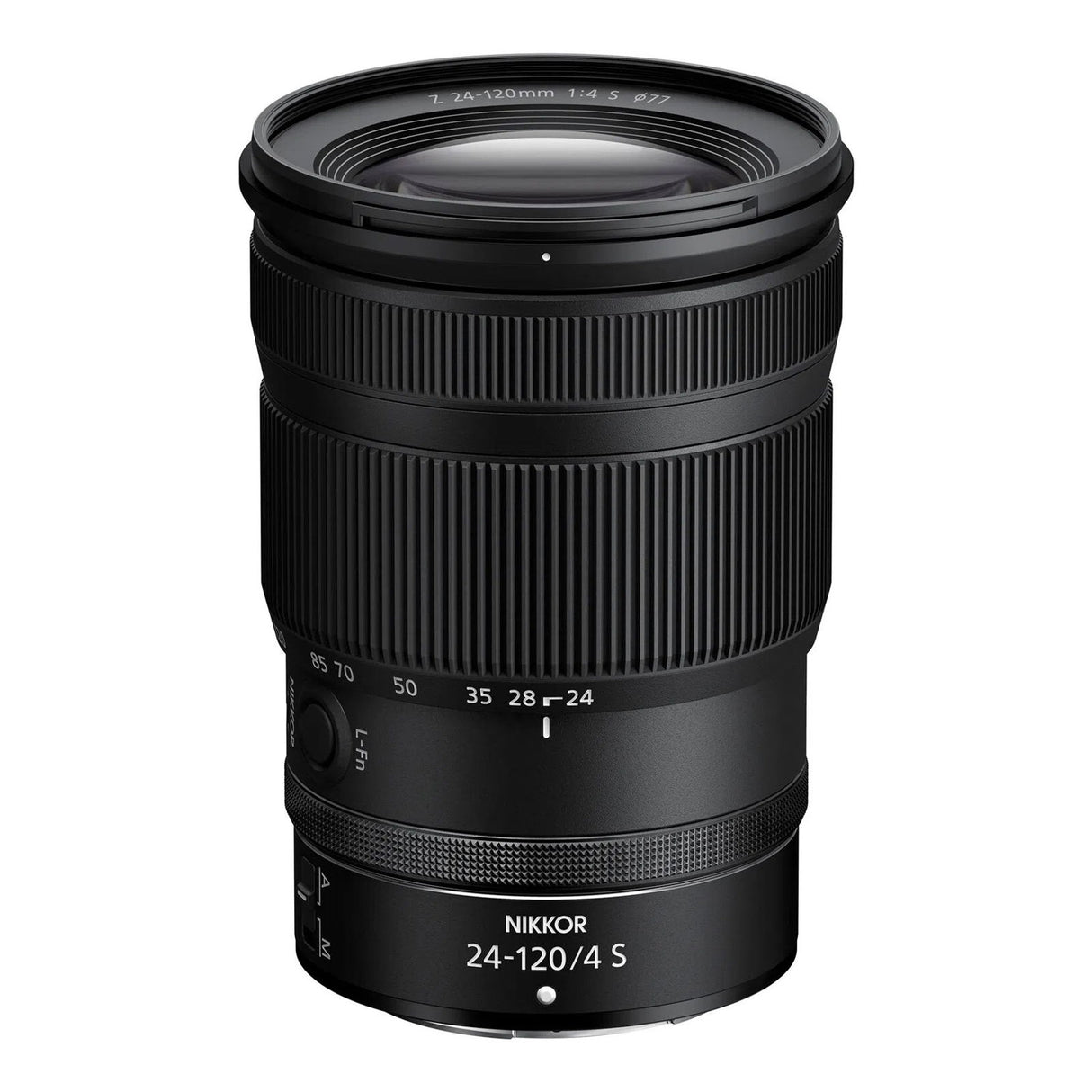 24-120mm f/4 S NIKKOR Z mount lens with zoom ring markings, front view
