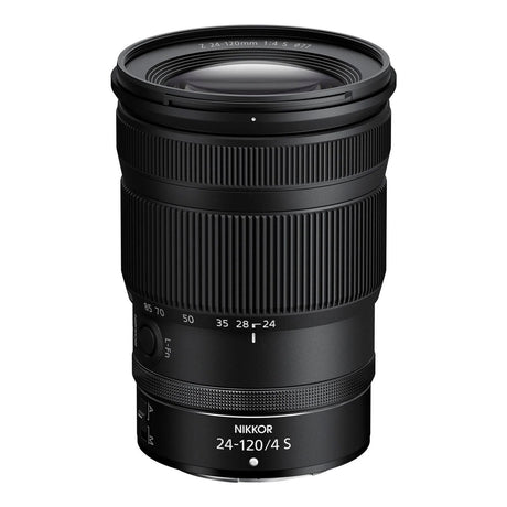 24-120mm f/4 S NIKKOR Z mount lens with zoom ring markings, front view