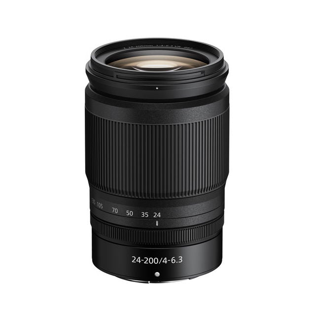 Black 24-200mm f/4-6.3 VR zoom lens, front glass and focus ring