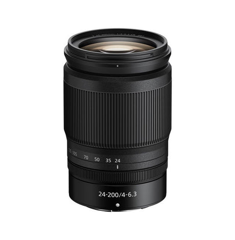 Black 24-200mm f/4-6.3 VR zoom lens, front glass and focus ring