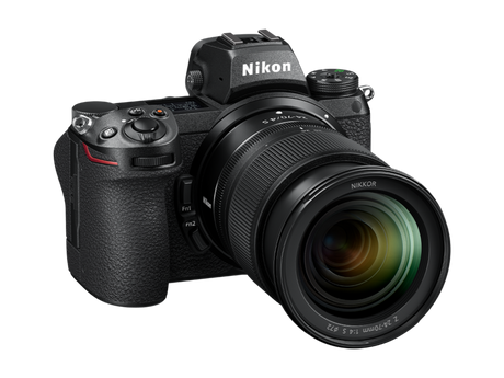 Mirrorless camera with 24-70mm lens, angled front view, top controls shown