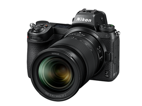 Mirrorless camera with 24-70mm f/4 lens, front view, black body