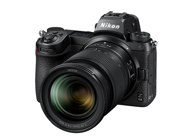 Mirrorless camera with 24-70mm f/4 lens, front view, black body