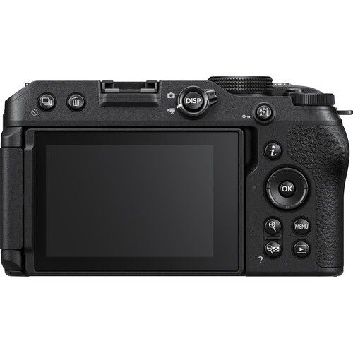 Mirrorless camera rear panel with LCD screen and control buttons