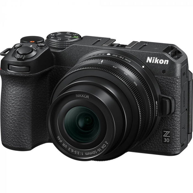 Black mirrorless camera kit with 16-50mm lens, front view