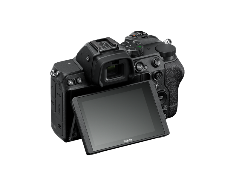 Mirrorless camera back view with LCD screen and control dials