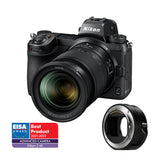 Black mirrorless camera with 24-70mm lens and FTZ II adapter, front 3/4
