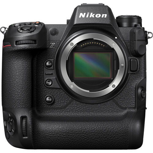 Nikon Z9 mirrorless camera body front view with mounted lens and control buttons