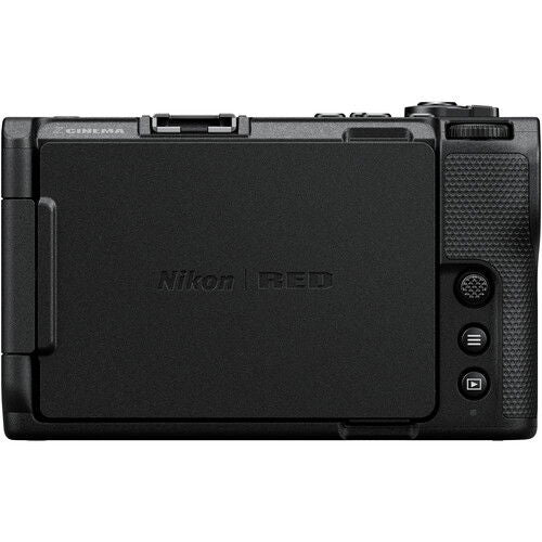 Back view of mirrorless camera body with controls and rear cover, black