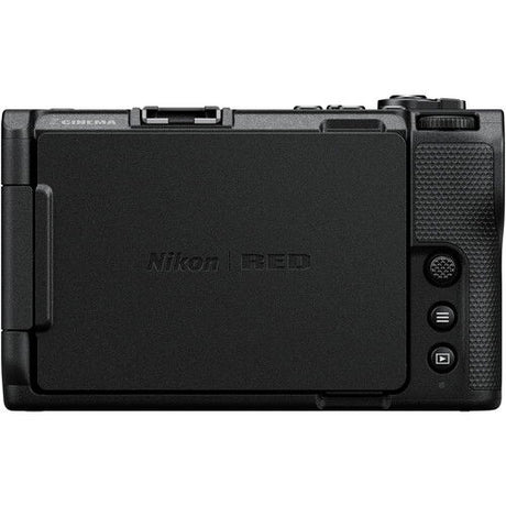 Back view of mirrorless camera body with controls and rear cover, black