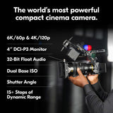 Compact cinema camera rig with mounted monitor and hand adjusting controls