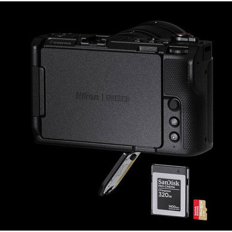 Rear view mirrorless camera body with screen area and memory cards, black