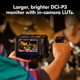 Compact cinema camera with rear monitor displaying a colorful video scene, black