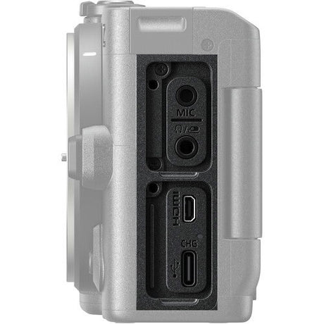Rear ports panel on silver mirrorless camera body with MIC and HDMI labels