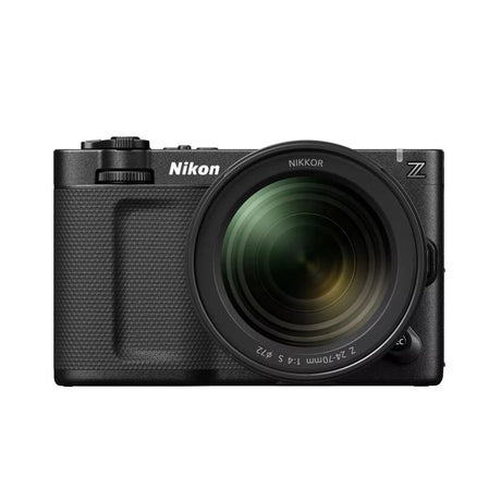 Black ZR camera with 24-70mm f/4 S NIKKOR Z lens, front view