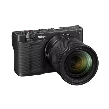 Black ZR camera with 24-70mm f/4 S NIKKOR Z lens, angled side view