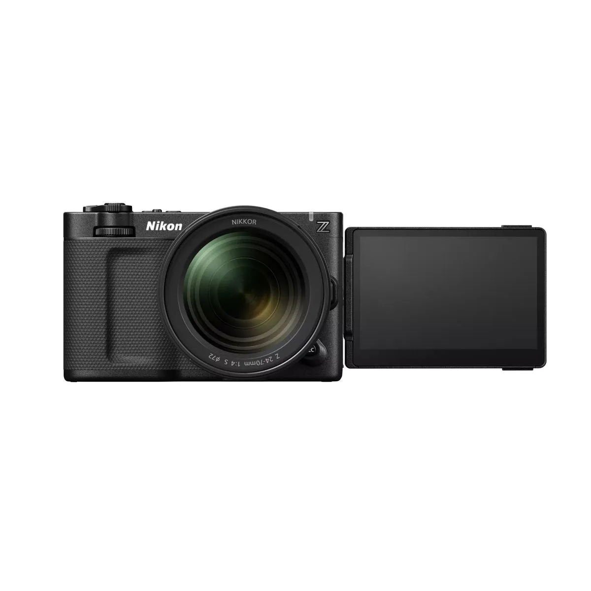 Black ZR camera with lens attached and rear LCD screen open