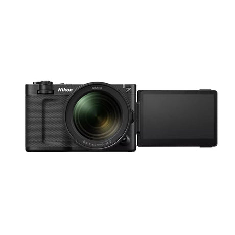 Black ZR camera with lens attached and rear LCD screen open