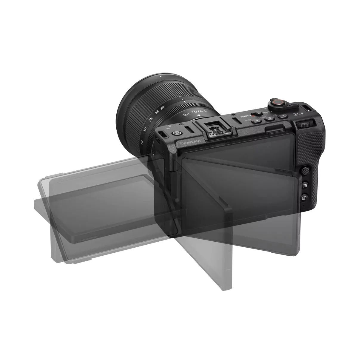 Black ZR camera with lens and tilting rear LCD screen