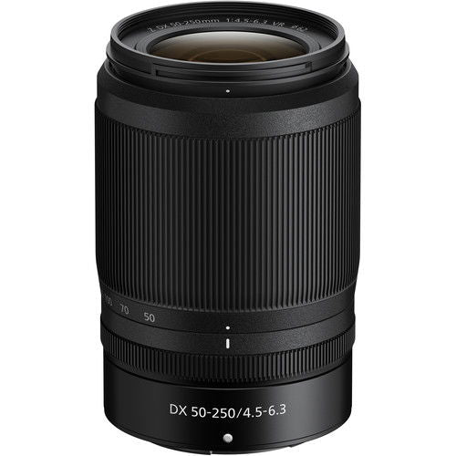 Black Nikon Z DX 50-250mm f/4.5-6.3 VR telephoto lens with ribbed zoom barrel