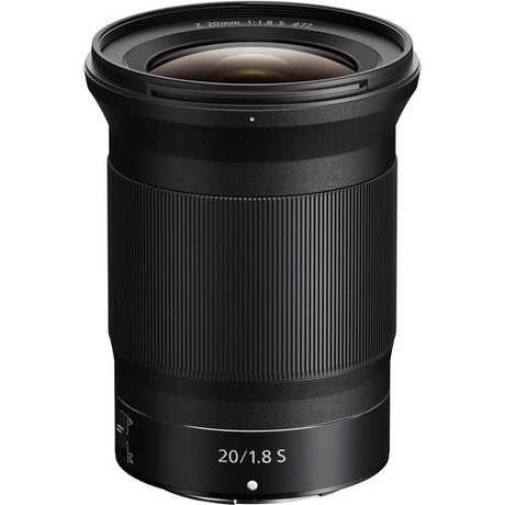 Black 20mm f/1.8 S mirrorless camera lens with front glass and ridged barrel