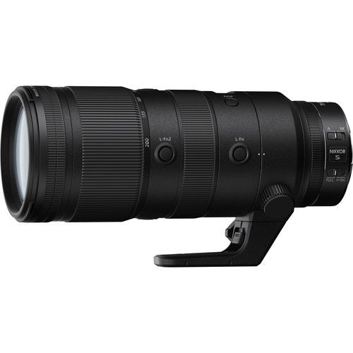 Black 70-200mm f/2.8 VR S zoom lens side view, focus ring and controls visible