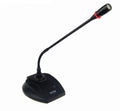 Conference desk microphone with gooseneck base, dark body and red-ring grille