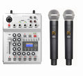 Mixer audio cu microfoane wireless dual, corp alb și două microfoane negre