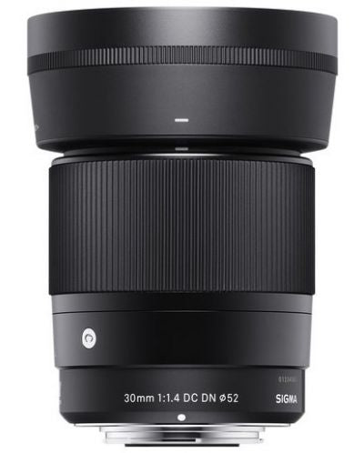 30mm f/1.4 DC DN camera lens, black barrel with front and markings Ø52