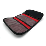 Lay-flat open filter case: black exterior, red strip, and transparent pockets