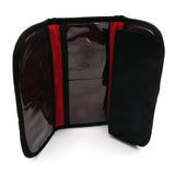 Opened filter holder with red inner panels and transparent pocket sections