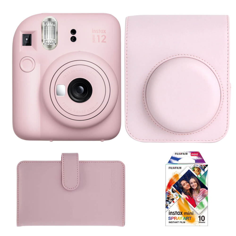 Aparat foto instant roz cu obiectiv, husă roz și film mini