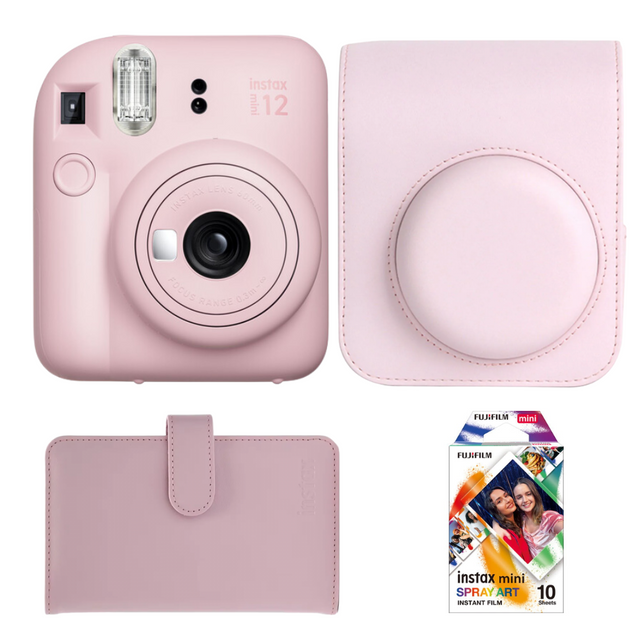 Aparat foto instant roz cu obiectiv, husă roz și film mini