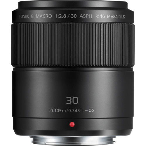 Black 30mm macro lens front/side view with red dot indicator and 30 label