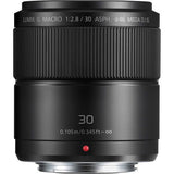 Black 30mm macro lens front/side view with red dot indicator and 30 label