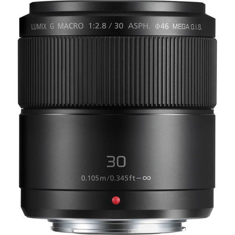 Black 30mm macro lens front/side view with red dot indicator and 30 label