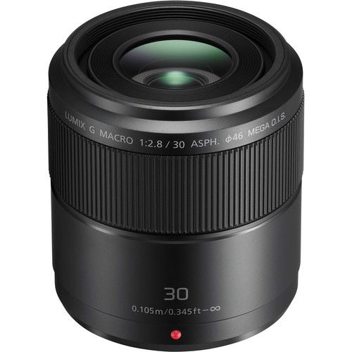Black 30mm macro lens front view with glass elements and engraved markings