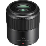 Black 30mm macro lens front view with glass elements and engraved markings