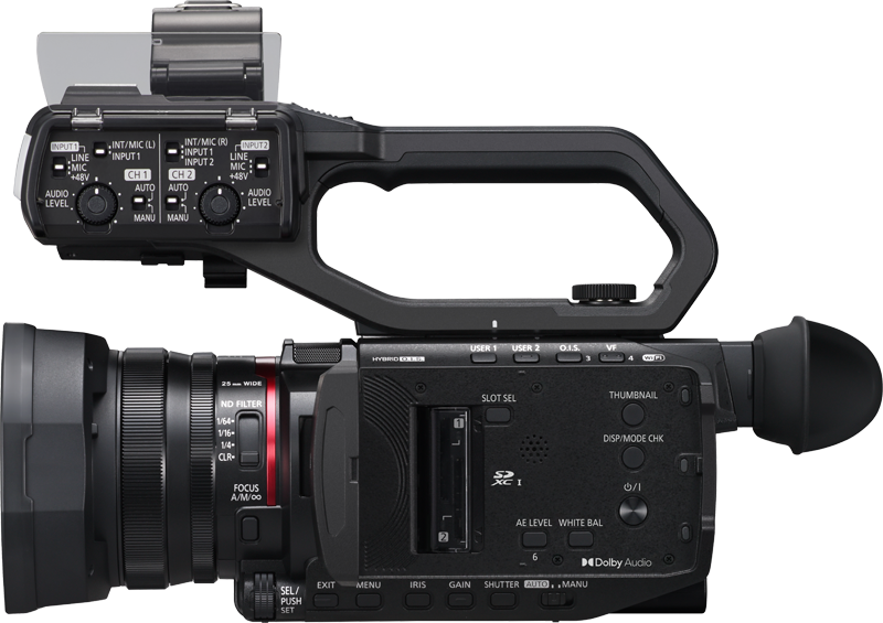 Rear camcorder view with SD slot panel, buttons, and zoom lens ring