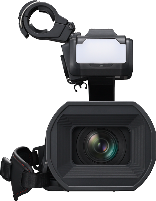 Front view camcorder with square lens hood and bright viewfinder screen