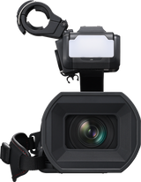 Front view camcorder with square lens hood and bright viewfinder screen