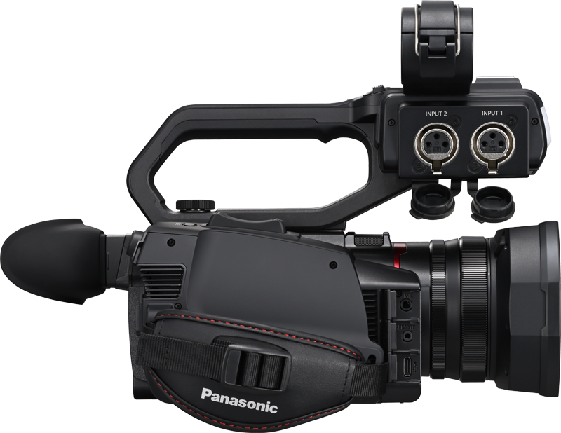 Camcorder rear panel with two input connectors, top handle, and strap