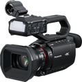 Black Panasonic 4K camcorder with 24x zoom lens and side control panel