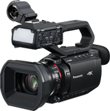 Black Panasonic 4K camcorder with 24x zoom lens and side control panel