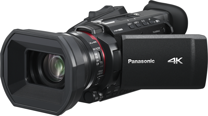 Black 4K camcorder showing lens, right control panel, and side logo