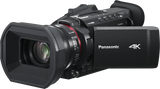 Black 4K camcorder showing lens, right control panel, and side logo