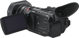 Black camcorder with hinged LCD screen open and side grip, large lens