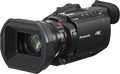 Black 4K camcorder with front lens, viewfinder hump, and control buttons