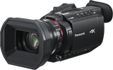 Black 4K camcorder with front lens, viewfinder hump, and control buttons