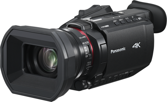 Black 4K camcorder with front lens, viewfinder hump, and control buttons